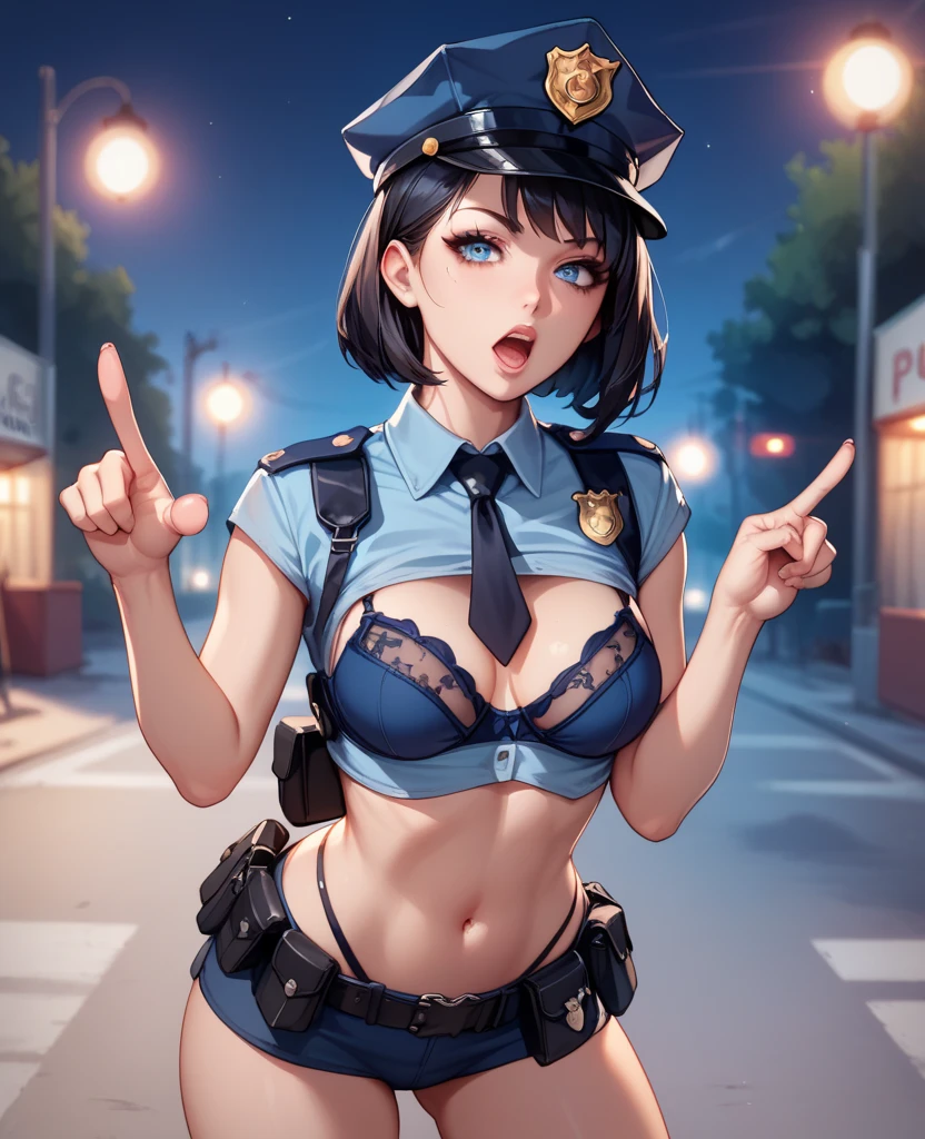 highest quality,masterpiece,8k,((1girl,1man:1.3)),((((((10 years old)))))),((big breasts:1.3)),blush, sweat,black hair,long hair,((policewoman:1.3)),mini skirt,lift skirt,upskirt,white panties,black thighhighs,open legs,((tied wrist, handcuffs, arms up, blindfold:1.1)),A man touches a girl's chest,A man grabs a girl's chest