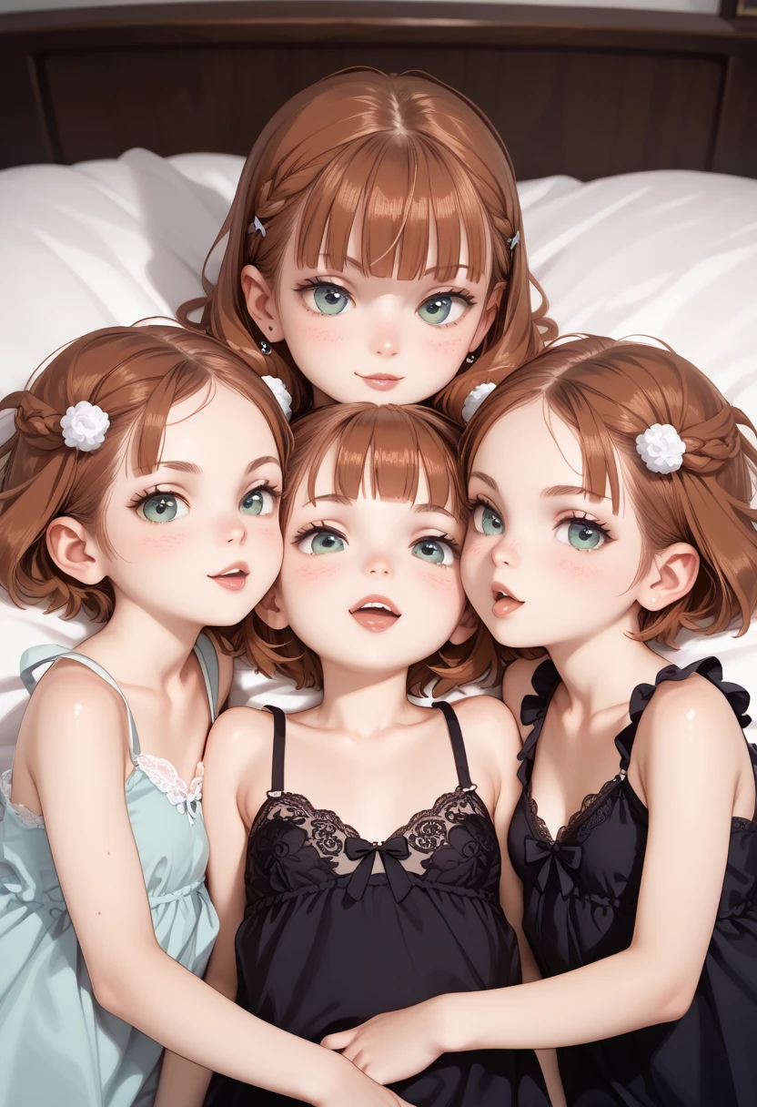 3girls, triplets Cute teen goth girls naughty and playful like girls auburn brown hair with freckles wearing a highly revealing and alluring nightgown as she lounges in her bed with her twin sister playing, young and innocent small little sisters, medium perky breasts cleavage décolletage low-cut neckline, small young little sisters with perky medium breasts