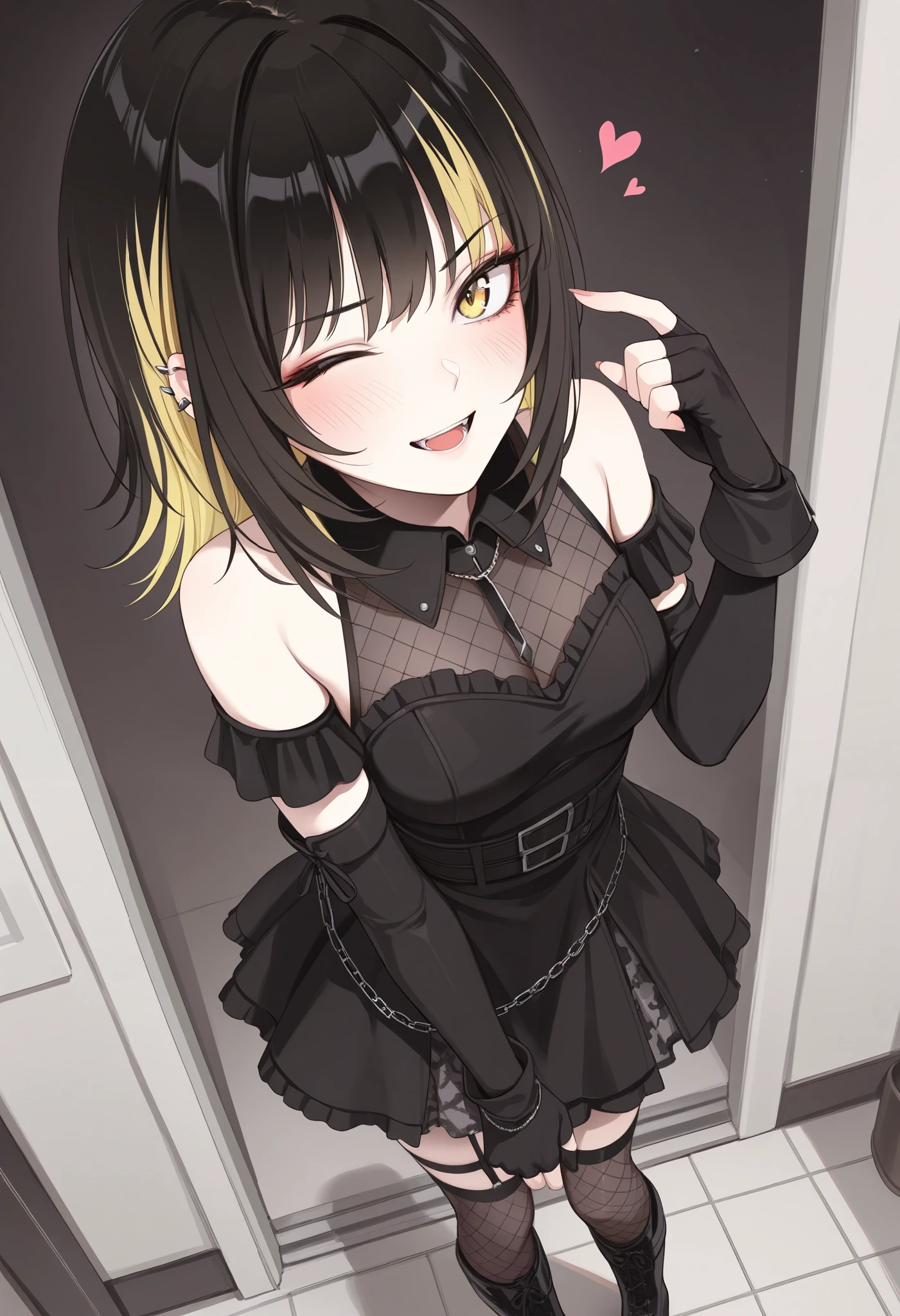  1girl,Ikaruga Luca, multicolored hair, two-tone hair, streaked hair, black hair, blonde hair, medium hair, yellow eyes, ear piercing, 1girl, solo, one eye closed, gloves, fingerless gloves, boots, thighhighs, smile, skirt, looking at viewer, open mouth, fishnets, jewelry, black footwear, heart, detached sleeves,BREAK,standing,pov,embarrassed,smile,pose,asutora,nanahara fuyuki,ruo zhishi chu jian,yueko \(jiayue wu\),colis,masterpiece, best quality, amazing quality, very aesthetic, absurdres,newest,huge filesize,