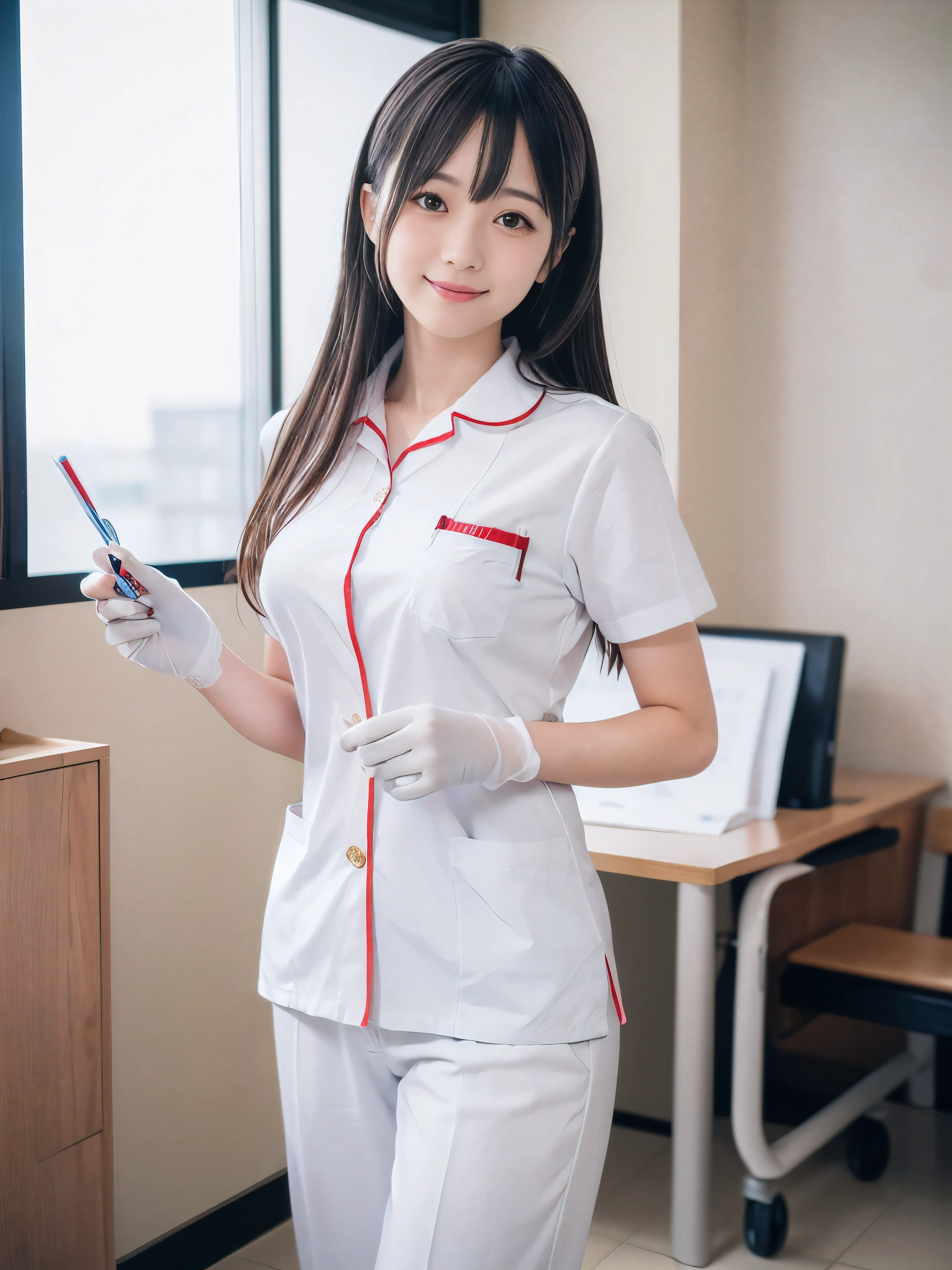 (Close-up face shot of one slender small breasts two side up black medium hair with bangs girl in a white nurse long pants uniform :1.5)、(One nurse hold paper cup on hand with urethane gloves in the hospital room in Japan with small smile:1.5)、(blurred background:1.5)、(Natural light:1.5)、(8k ultra detailed master piece:1.5)、(perfect anatomy:1.5)、(Photorealistic stick:1.5)、(Raw photo:1.3)、(highest quality:1.5)、(High resolution:1.3)、(Delicate and beautiful perfect face:1.3)、(Delicate and beautiful eye air skin:1.3)、(Real Human Skin:1.3)、((thin legs))
