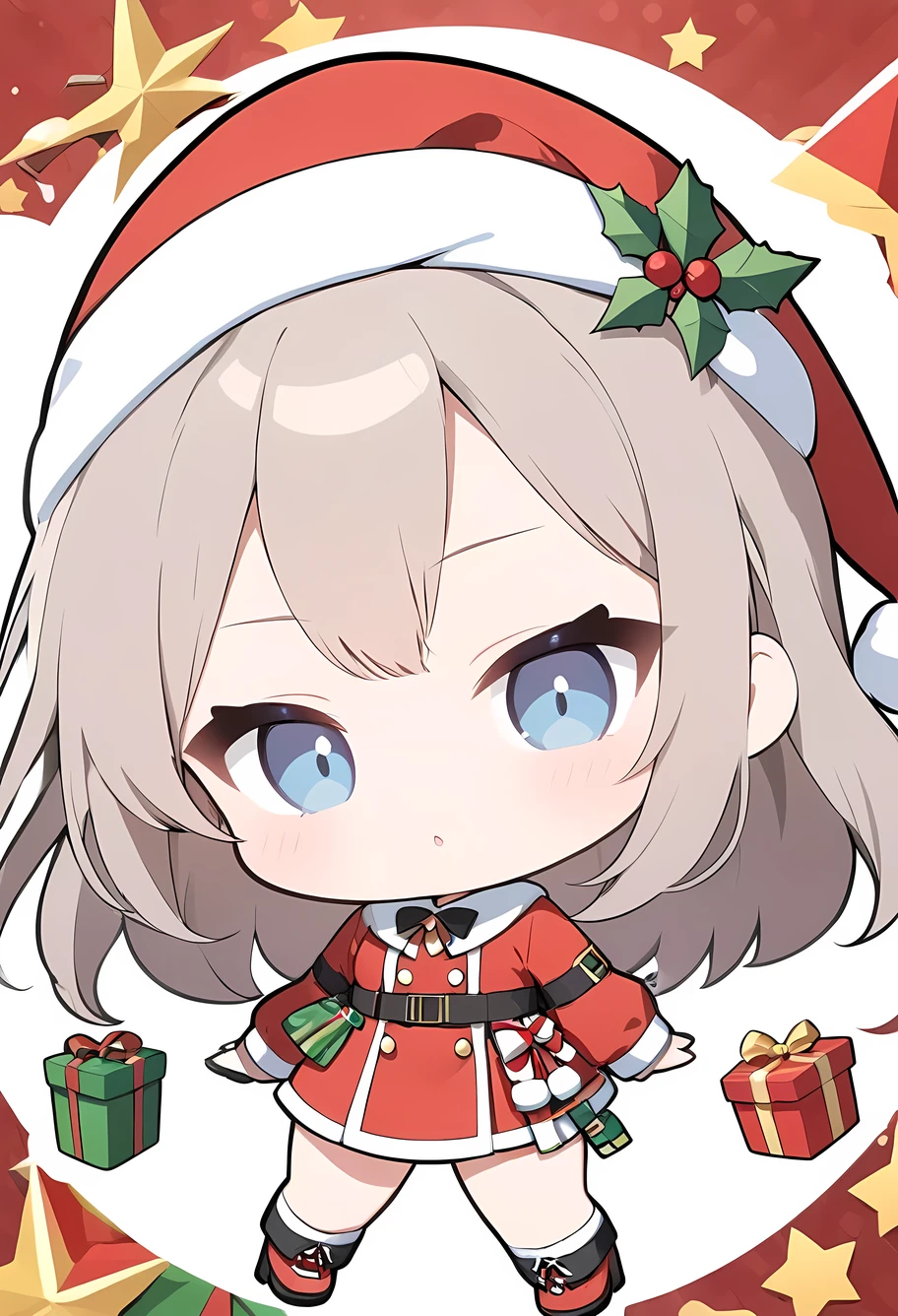 (((Best quality, 8k, Masterpiece: 1.3)), ((best quality)), ((masterpiece)), (detailed), perfect face, perfect body, (detailed skin:1.3), (intricate details), chibi, Christmas, Santa Claus, Santa Claus costume, Pop art background with the words "Merry Christmas", A girl dressed as Santa Claus, a deformed character