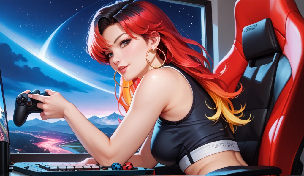  wide angle for a girl,  long hair and bangs , sexy black sportswear, vibrant hair,  earring big red star hoop, background of symmetric red and black cubes, broad,  realistic , gaming, Artistic, night sky,  HIGH QUALITY, retro, gaming, 2D Plan, Japan,  HIGH QUALITY,  Masterpiece,  Best Quality ,  High Definition,  Masterpiece