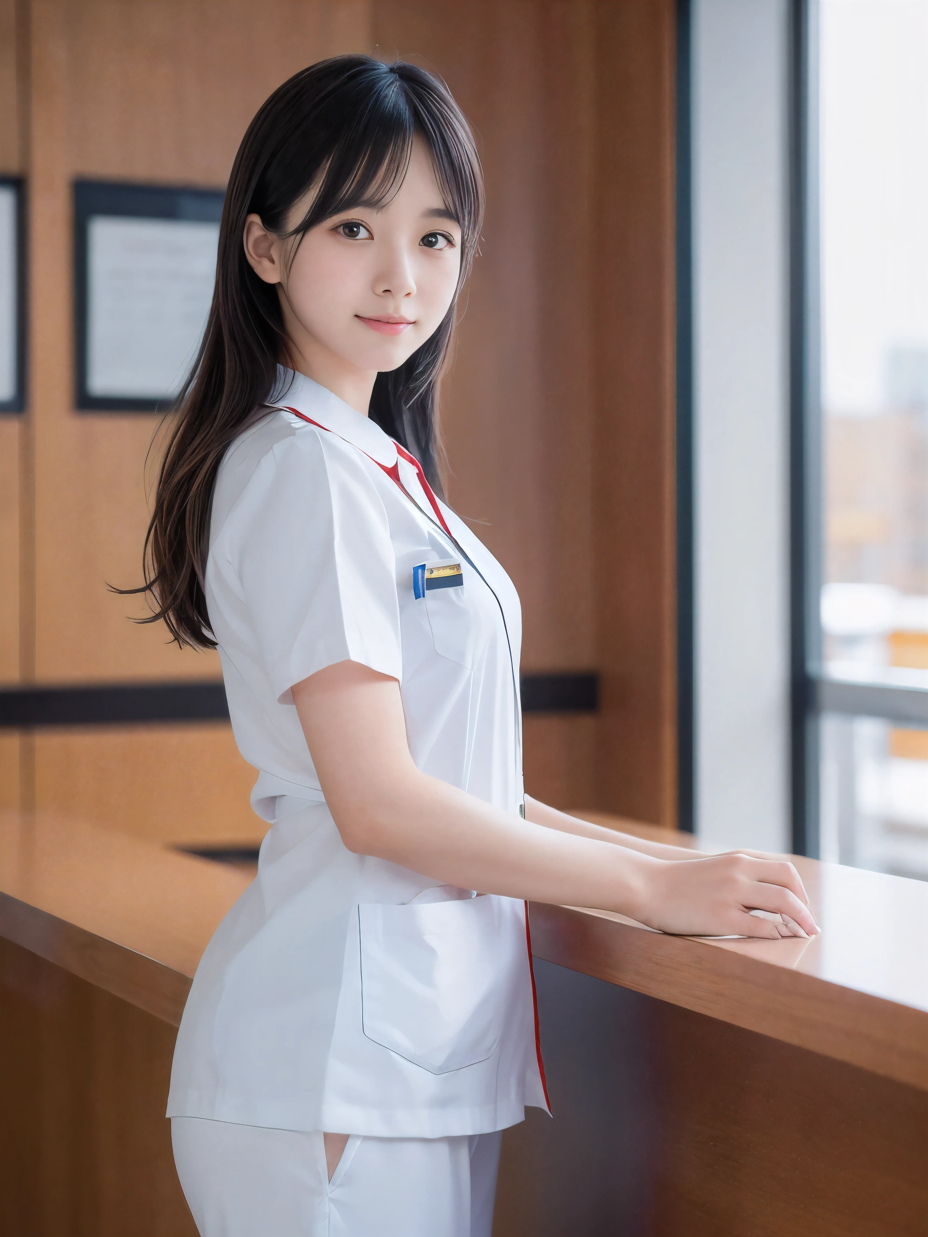 (Bright shade:1.5)、(Close-up face shot of one slender small breasts two side up black medium hair with bangs girl in a white nurse long pants uniform :1.5)、(One girl is working at the reception counter in the hospital in Japan with small smile:1.5)、(High-key photo:1.5)、(blurred background:1.5)、(Natural light:1.5)、(8k ultra detailed master piece:1.5)、(perfect anatomy:1.5)、(Photorealistic stick:1.5)、(Raw photo:1.3)、(highest quality:1.5)、(High resolution:1.3)、(Delicate and beautiful perfect face:1.3)、(Delicate and beautiful eye air skin:1.3)、(Real Human Skin:1.3)、((thin legs))