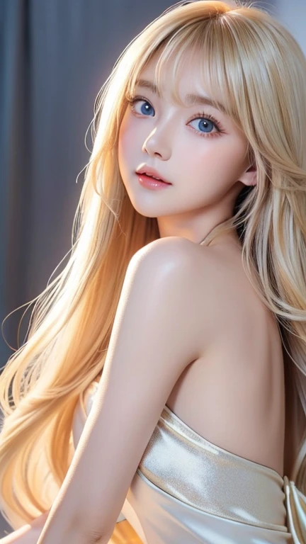 Golden shiny hair、 dazzling blonde super long silky hair、 old cute little beautiful face 、Shiny hair dancing in front of a pretty face、Long, silky bangs that cover the eyes、Extremely bright pale blue eyes 、Hair that hides the face、 sexy cute young woman with super long bangs、 Pure White Beautiful Skin 、Oily blush sheen、Small little Face Beauty、Round face