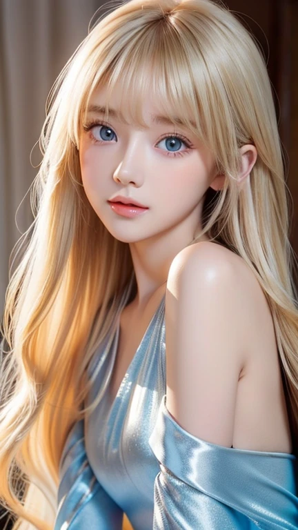 Golden shiny hair、 dazzling blonde super long silky hair、 old cute little beautiful face 、Shiny hair dancing in front of a pretty face、Long, silky bangs that cover the eyes、Extremely bright pale blue eyes 、Hair that hides the face、 sexy cute young woman with super long bangs、 Pure White Beautiful Skin 、Oily blush sheen、Small little Face Beauty、Round face