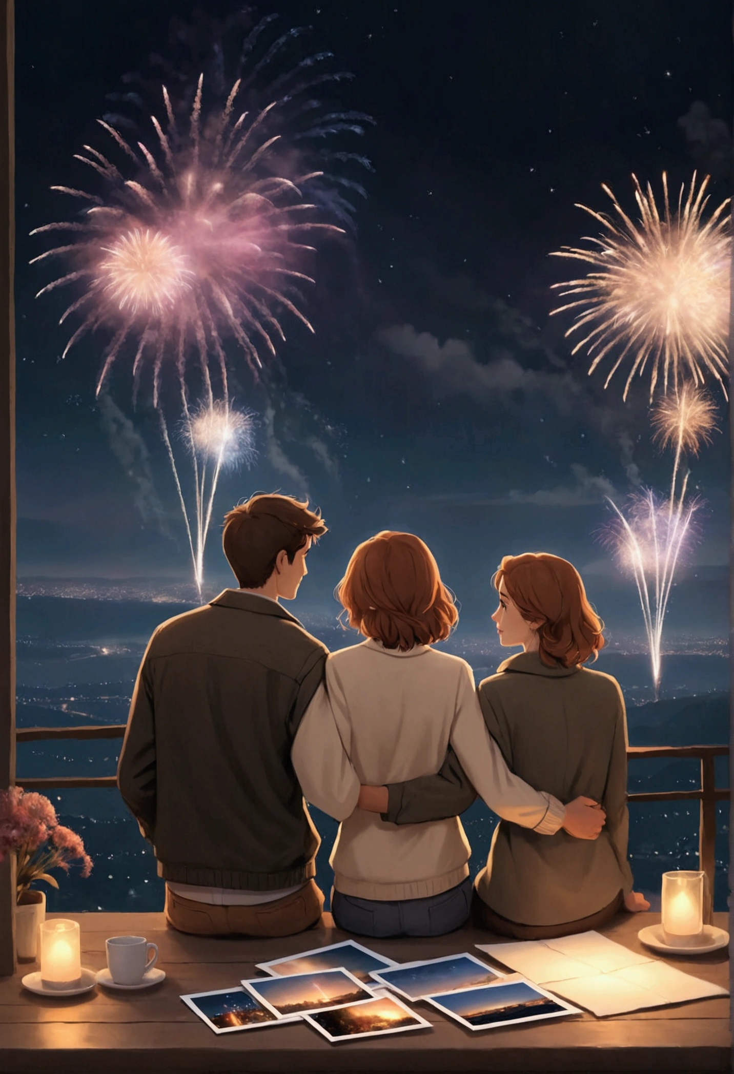 a couple in love, holding hands ,  looking at photos of them together, night landscape,  fireworks , 