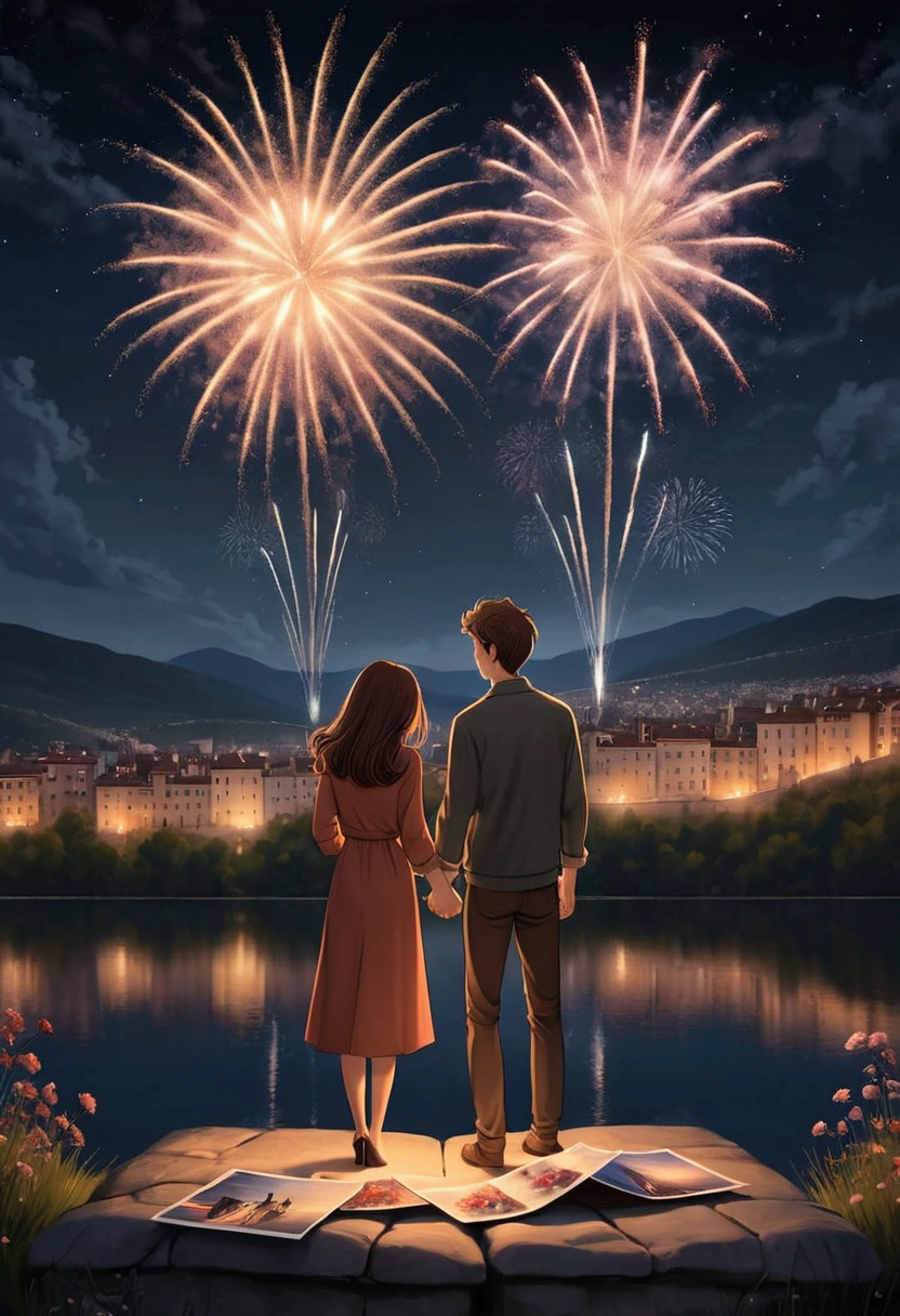 a couple in love, holding hands ,  looking at photos of them together, night landscape,  fireworks , 