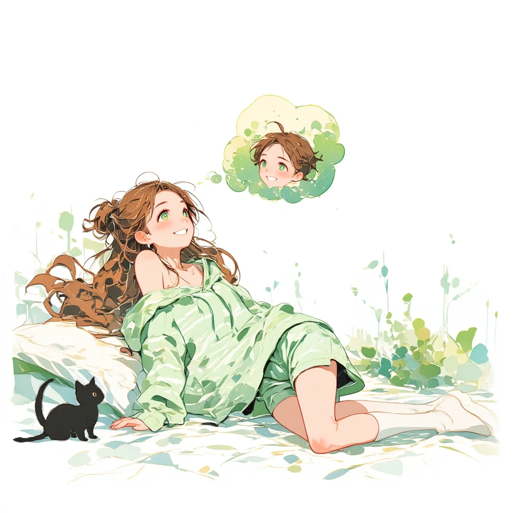 Watercolor painting illustration, full body. The balmy spring is the season of love. There is a lady whose heart flutters with her first love. She lies face down on the bed, her head buried in the plush cushions. She is daydreaming alone. brown hair, asymmetrical hair, updo, Lime Green eyes, Blushing, grinning face, A light green horizontal striped open-front hoodie over a black camisole, Light green striped shorts, White knee-high socks, Use a comic-style speech bubble to depict the face of the handsome man of her first love. (1 black furry kitten sits beside her, watching her anxiously).simple white background