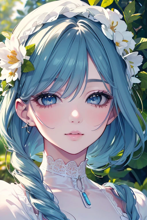 masterpiece, Highest quality, 4K, 8k, Ticker, Upper Body, Face Focus, close, One girl, Blue Hair, White Dress, Red eyes, Circlet, Cleavage, smile, Happy, depth, depth of field, Outdoor, nature, petal, Wind, beautiful, High resolution, Perfect lighting, Detailed face, Detailed body, masterpiece, Highest quality, Intricate details, 8k uHigh resolution, Perfect Face, Perfect Eyes