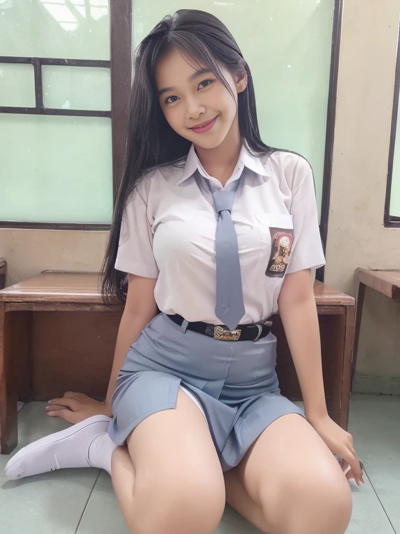 RAW, Best quality, high resolution, masterpiece: 1.3), Beautiful young indonesian girl, seductive pose, showing breast, open legs showing vagina, sensual body, on a top of table of class room,  ((senior high school clothes)), orgasm, highres, 4k, HDR, 1girl, photorealistic, realistic, big breasts, ((whole body)) turning away facial at viewer, closeup, class-room, misty,