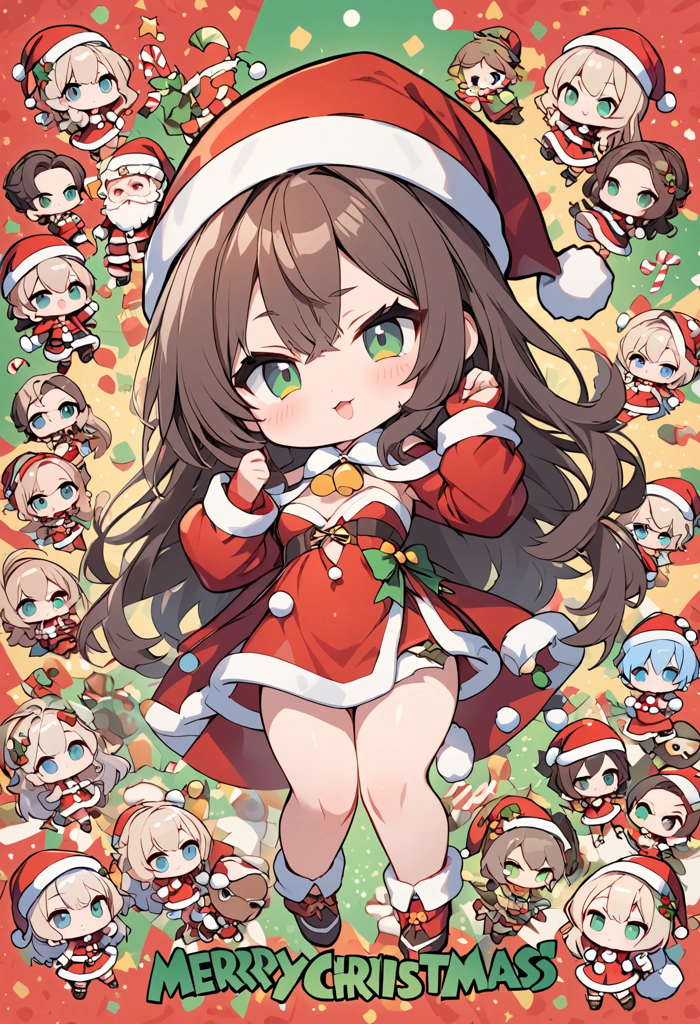 (((Best quality, 8k, Masterpiece: 1.3)), ((best quality)), ((masterpiece)), (detailed), perfect face, perfect body, (detailed skin:1.3), (intricate details), chibi, Christmas, Santa Claus, Santa Claus costume, Pop art background with the words "Merry Christmas", A girl dressed as Santa Claus, a deformed character