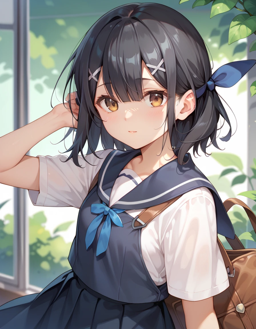 miyue,,miyue, 1girl, solo, school uniform, black hair,, sidelocks, hair ribbon, x hair ornament, hairclip, hair between eyes, bangs, hair ornament,brown eyes, small breasts,