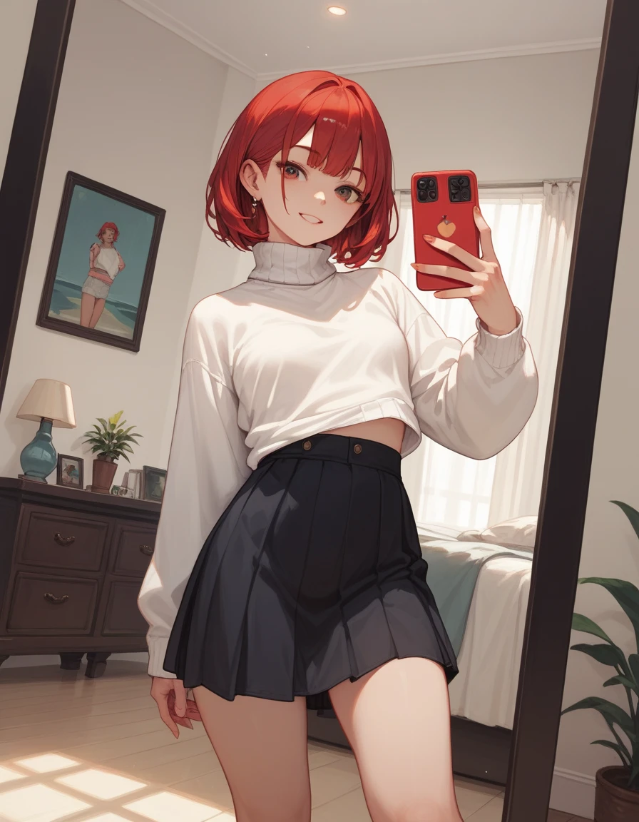 (masterpiece, best quality, long shot), Selfie angle, 1 woman, 29 years old, small breast, red bob hair, loose white turtleneck sweater, black skirts, short boots, in her room