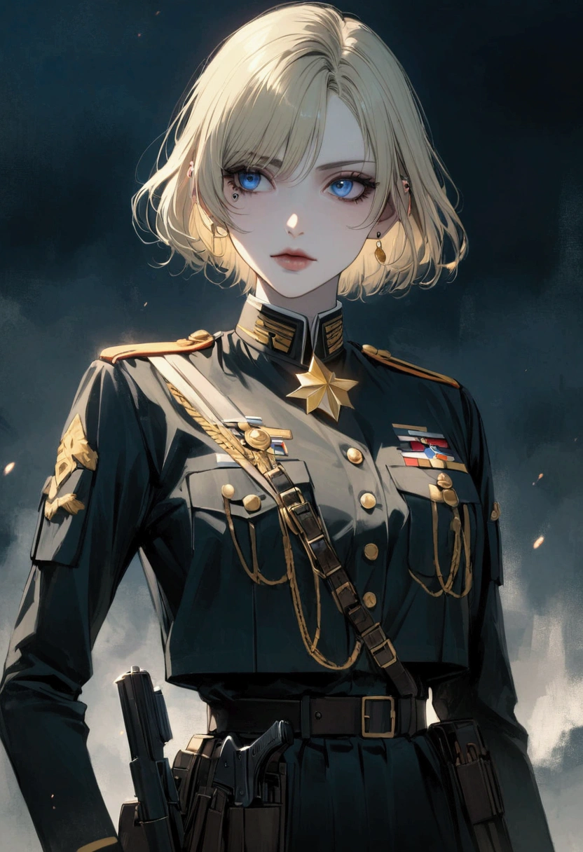 Woman. Around 28 years old. Pale skin. Blonde short hair. Blue eyes. Piercing stare. A cut under her right eye. Wearing a military uniform, black and high rank. With a pistol on holster. Golden adorns on her uniform, like buttons and pins.