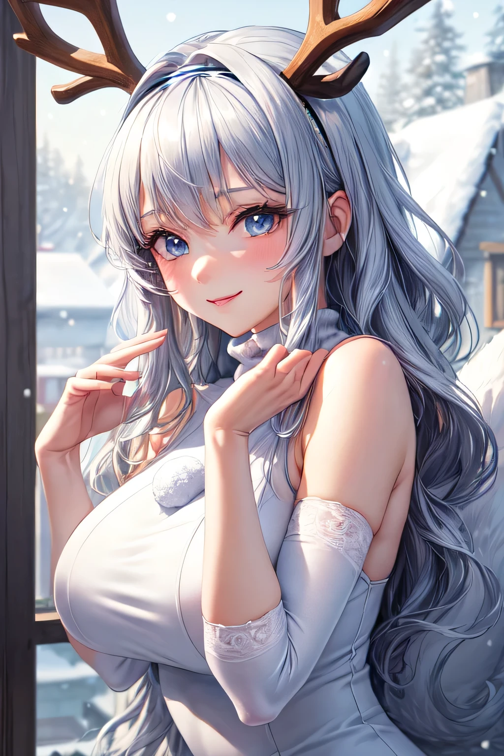 1girl, long hair and bunny ears sitting on a bed, angelawhite, white stockings, ultrarealistic sweet bunny girl, very very kawaii, japanese goddess, the bunny has fur, smooth skin, with bunny ears, sitting on snow, perfect white haired girl, she is on snow,outside