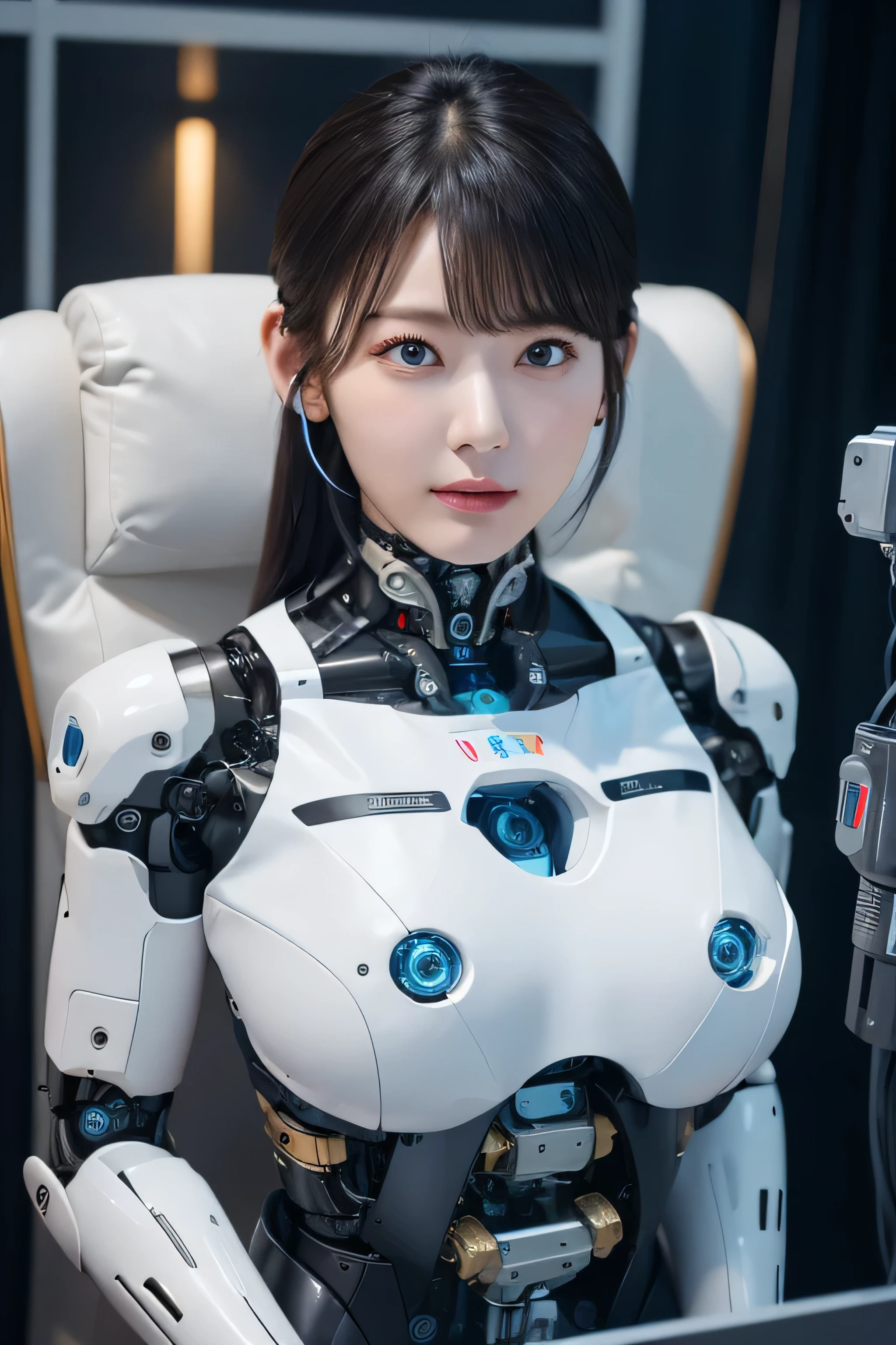 masterpiece, best quality, extremely detailed,  Japaese Cyborg girl,Plump , control panels,android,Droid,Mechanical Hand, Robot arms and legs, Black Robot Parts,Black hair,Mechanical body,Blunt bangs,White robotics parts,perfect robot girl,long tube,thick cable connected her neck,ceramic body ,mechanical body, mechanical ear cover, mechanical costume,android,robot,humanoid,cyborg,japanese android woman ,mechanical chest,full eyes,future laboratory,connecting a cable between the legs,blue eyes, Intelligent Bionic Robot, Perfect Breast Machine