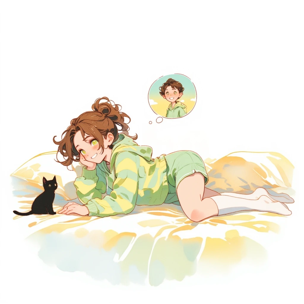 Watercolor painting illustration, full body. The balmy spring is the season of love. There is a lady whose heart flutters with her first love. She lies face down on the bed, her head buried in the plush cushions. She is daydreaming alone. brown hair, asymmetrical hair, updo, Lime Green eyes, Blushing, grinning face, A light green horizontal striped open-front hoodie over a black camisole, Light green striped shorts, White knee-high socks, Use a comic-style speech bubble to depict the face of the handsome man of her first love. (1 black furry kitten sits beside her, watching her anxiously).simple white background