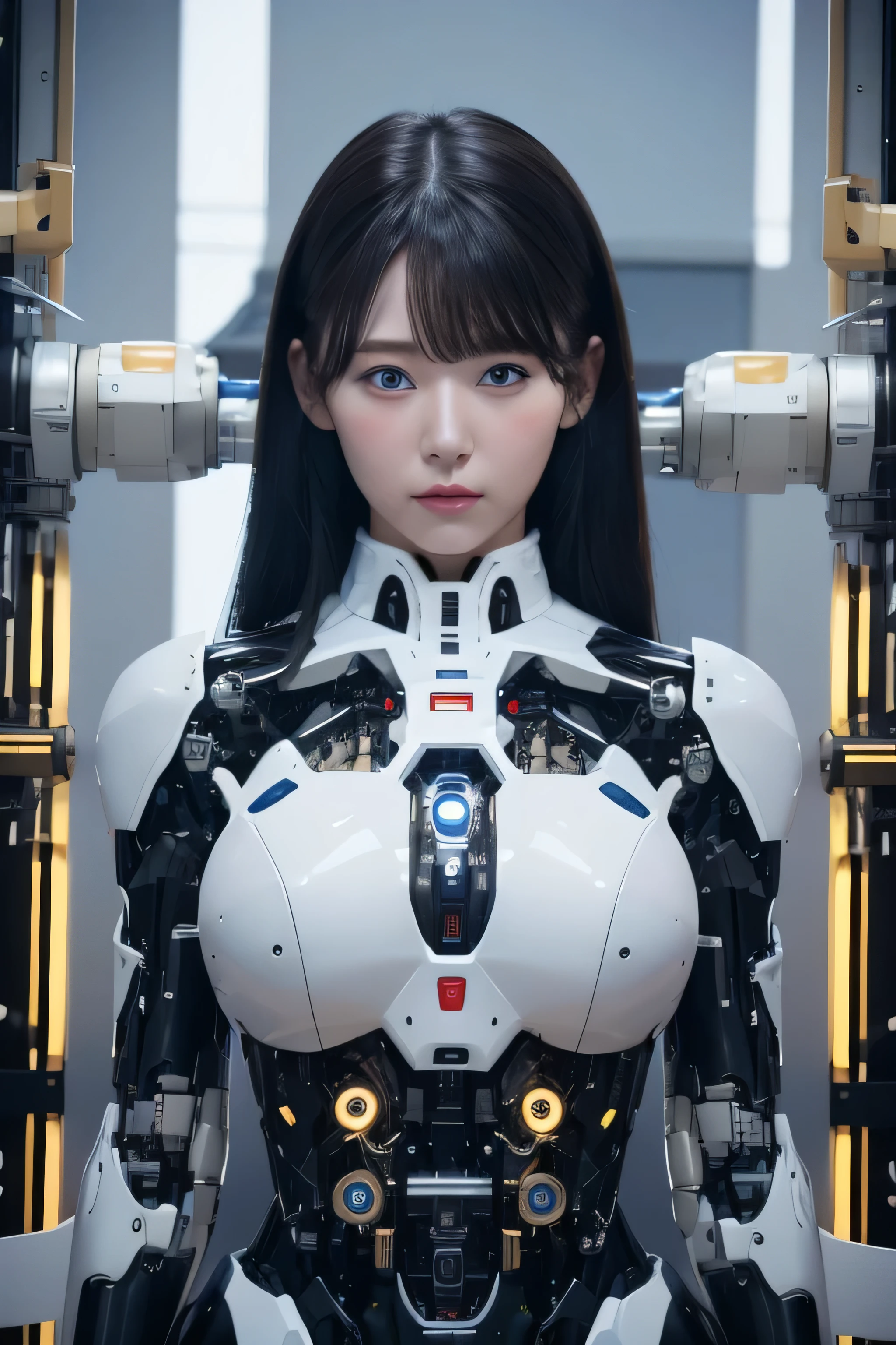 masterpiece, best quality, extremely detailed, 8K portrait,1girl in, Japaese android girl,android teacher,Plump , control panels,android,Droid,Mechanical Hand, ,Robot arms and legs, Black hair,Mechanical body,Blunt bangs,White Robotics Parts,perfect robot woman,Charging spot,perfect mechanical body,white robotics body,android assembly plant,white body,She has repaired,black sponge joints,android,laboratory,perfect machine body,white robot body,blue eyes