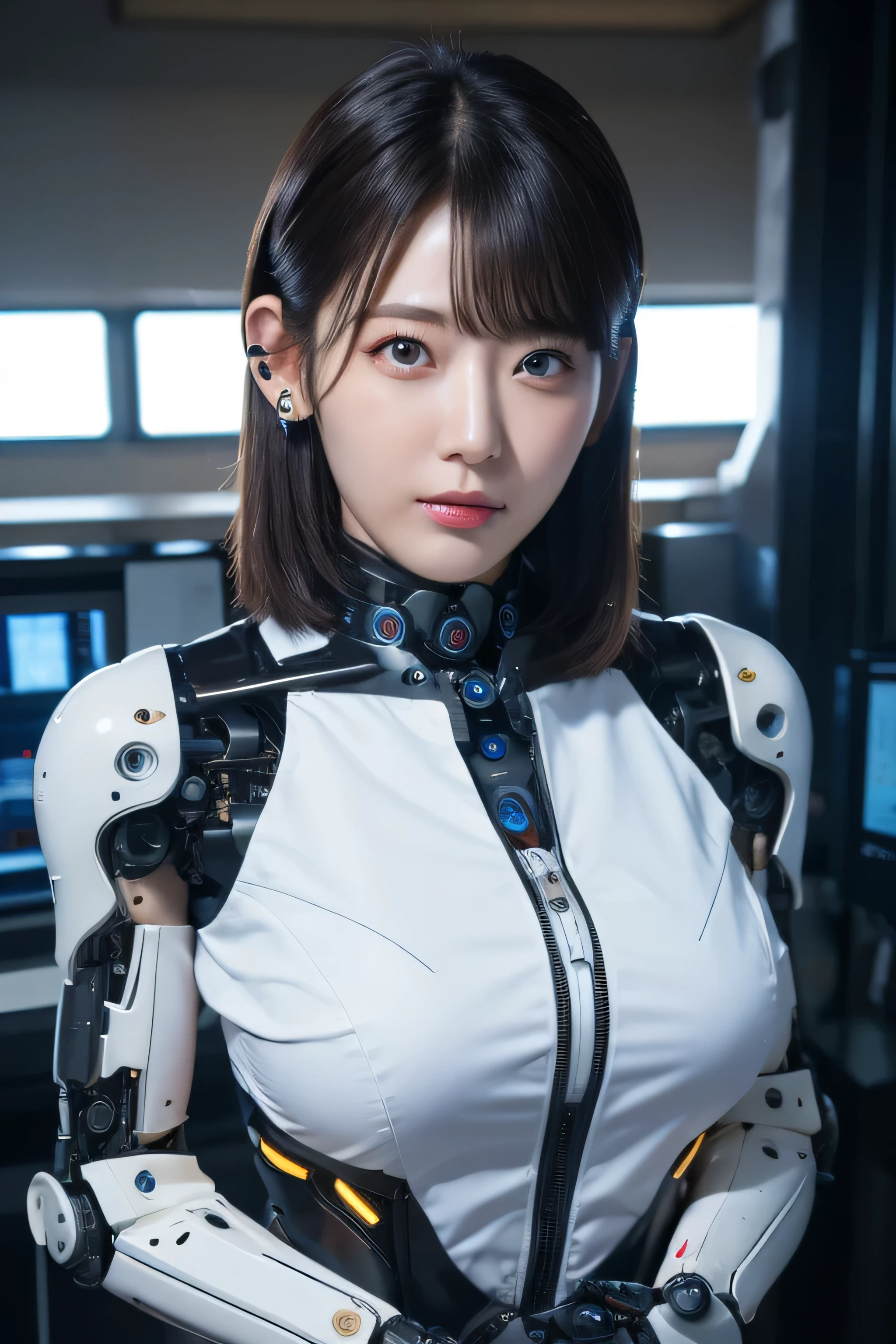 masterpiece, best quality, extremely detailed,  Japaese Cyborg girl,Plump , control panels,android,Droid,Mechanical Hand, Robot arms and legs, Black Robot Parts,Black hair,Mechanical body,Blunt bangs,White robotics parts,perfect robot girl,long tube,thick cable connected her neck,ceramic body ,mechanical body, mechanical ear cover, mechanical costume,android,robot,humanoid,cyborg,japanese android woman ,mechanical chest,full eyes,future laboratory,connecting a cable between the legs,blue eyes, Intelligent Bionic Robot, Perfect Breast Machine