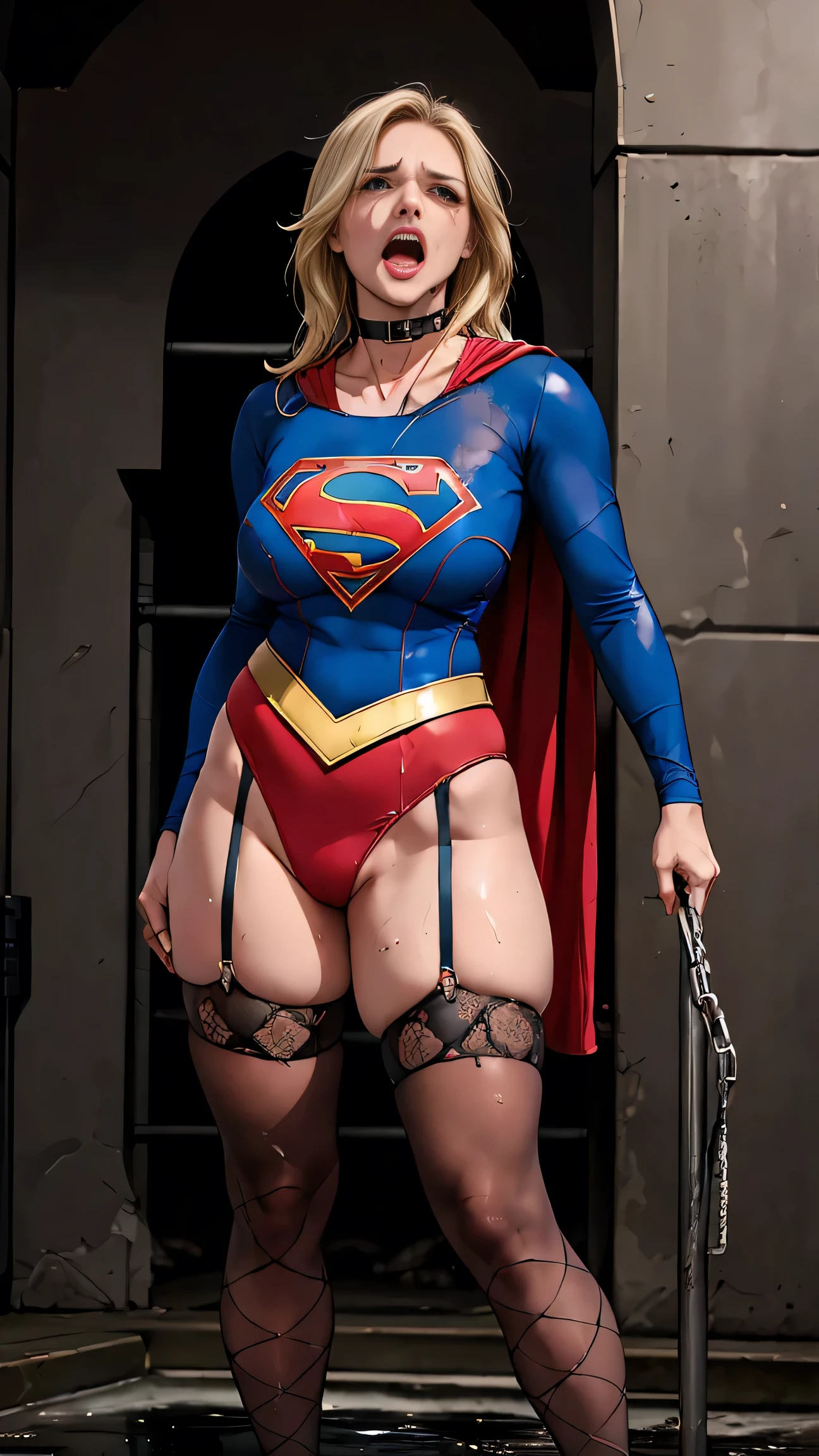 (((Ela está de cócoras))) SUPERHEROINE SUPERGIRL usando uma calcinha rendada rasgada furada esfareapada, without bra. Seu corpete ESTA RASGADO ESFARRAPADO FURADO. She is screaming in terror, She is terrified, She is crying a lot.  ela tem cabelos LOIROS, ela tem cabelos compridos. ((She is a filthy whore)),  ((SUPERGIRL presa em uma gaiola. As barras da gaiola estão muito apertadas. SUPERGIRL pede ajuda, com lágrimas nos olhos).  She is wearing a bandage belt, she's using 7/8 meias rasgadas,  usando estiletes de salto alto.  Capturado, Sequestrado, abandonado, Torturado, escravizado, envergonhado. tied with arms above head. She screams and screams to call her enemies and beg for mercy and starts to cry. Wearing a thick metal collar around your neck. Seus tornozelos, your wrists and neck are bound with chains. Forced into prostitution. Your clothes are wet, your pubis is swollen.(It has a large puddle of urine on the floor). She's hurt, Ela tem hematomas por todo o corpo, she's scratched. Usando uma renda de fita de empregada, ((she is standing, against the wall,  open legs )),  wearing starry lace panties , without bra. SUPERGIRL SUPERHEROINE, She is screaming in terror, She is terrified, She is crying a lot.  She has blonde hair, she has long hair. ((She is a filthy whore)), ((SUPERGIRL stuck in a cage .  The cage bars are too tight. SUPERGIRL asks for help , With tears in my eyes.  Wear starry lace panties tight and torn , wear tight and torn bodice and pierced and ragged, wear frayed and dirty and ragged tights )).  She is wearing a bandage belt, she's using 7/8 fishnet stockings, wearing high-heeled stilettos. Caught, Kidnapped, abandoned, Tortured, enslaved. (((Rosto perfeito, rosto em alta definição, rosto em 4k)))