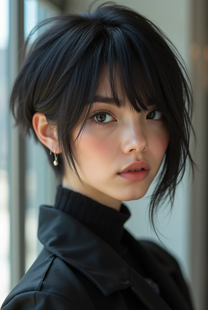 close up of a beautiful girl wear shirt, black bright blue hair, cute face