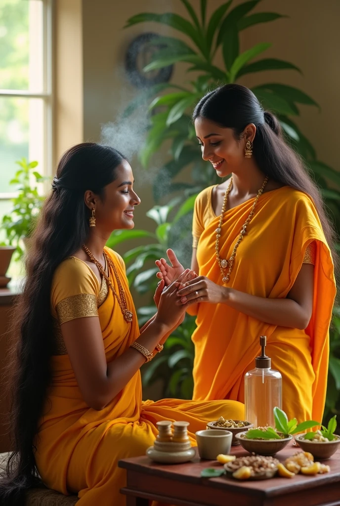 32k image two Indian women happily testing a perfume on the wooden table some flowers and perfume bottles made of earthenware the scenery an ancient Indian village 