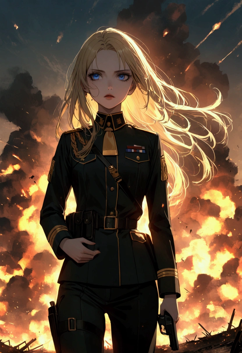 Woman. Around 28 years old. Pale skin. Blonde long hair. Blue eyes. Piercing stare. A cut under her right eye. Wearing a military uniform, black and high rank. With a pistol on holster. Golden adorns on her uniform, like buttons and pins. Background is a battleground, with fires and explosions.