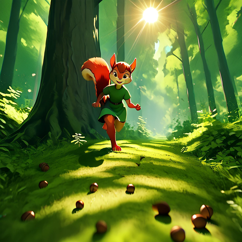 ((A squirrel girl gathering acorns in a sun-dappled forest, her playful nature evident as she scurries up a tree, shown in a wide shot that captures the vibrant greenery and her energetic movement)),Value,2D,CGI, dynamic angle, body language,gesture languages, colour psychology,anime facials expression, masterpiece, high-quality,perfect anatomy, photographic orientation,4k, 8k,SFW, safe for work, Overlap, Compression, Shadow, Dimensionality,foreshortened, scenery,modestly dressed,fully clothed,Facial affect,physiognomy,reflection on eye,shortened,randomised CHEST(CM)WAIST(CM)HIPS(CM),random Function call,full colour,Essence,quirky trait