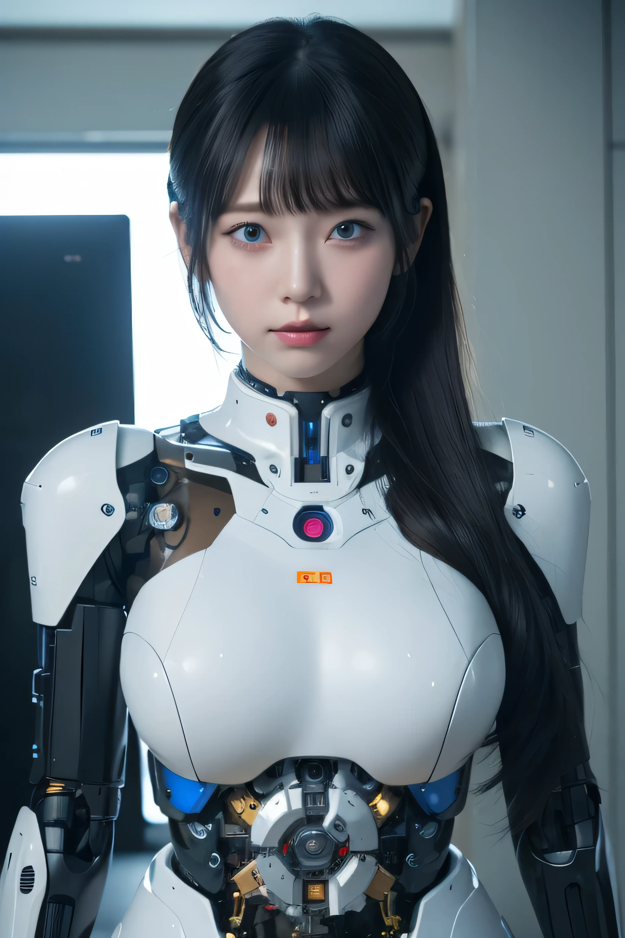 masterpiece, best quality, extremely detailed, 8K portrait,1girl in, Japaese android girl,android teacher,Plump , control panels,android,Droid,Mechanical Hand, ,Robot arms and legs, Black hair,Mechanical body,Blunt bangs,White Robotics Parts,perfect robot woman,Charging spot,perfect mechanical body,white robotics body,android assembly plant,white body,She has repaired,black sponge joints,android,laboratory,perfect machine body,white robot body,blue eyes