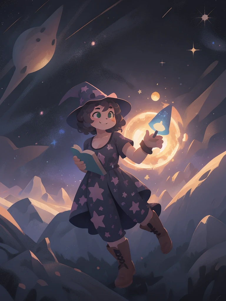 Mirabel madrigal, Busty, 1girl, black curly short hair, smile, green eyes, space, black Space Pajamas, wizard hat, floating, full body, brown boots, holding big brown book around her left arm,