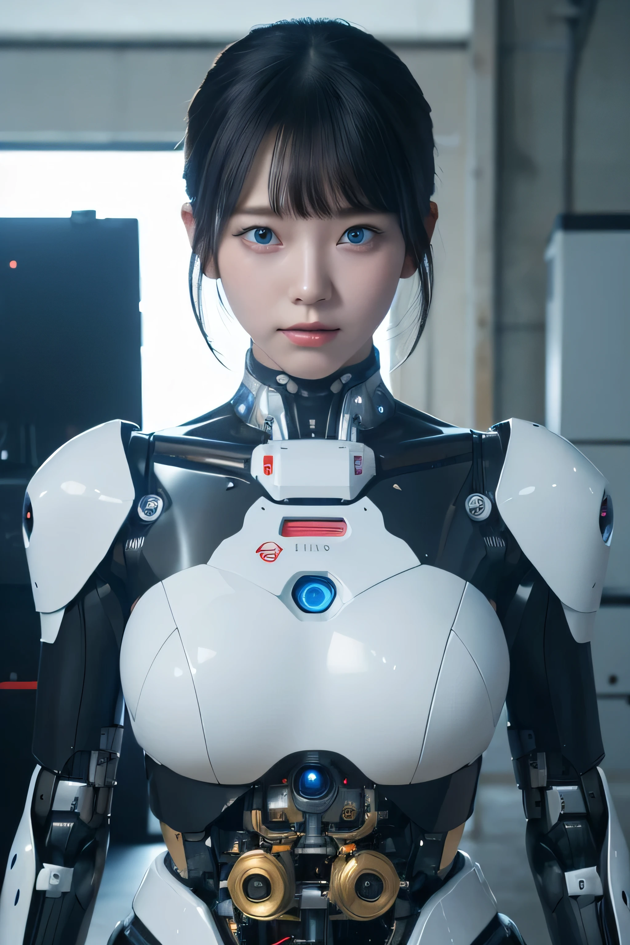 masterpiece, best quality, extremely detailed, 8K portrait,1girl in, Japaese android girl,android teacher,Plump , control panels,android,Droid,Mechanical Hand, ,Robot arms and legs, Black hair,Mechanical body,Blunt bangs,White Robotics Parts,perfect robot woman,Charging spot,perfect mechanical body,white robotics body,android assembly plant,white body,She has repaired,black sponge joints,android,laboratory,perfect machine body,white robot body,blue eyes