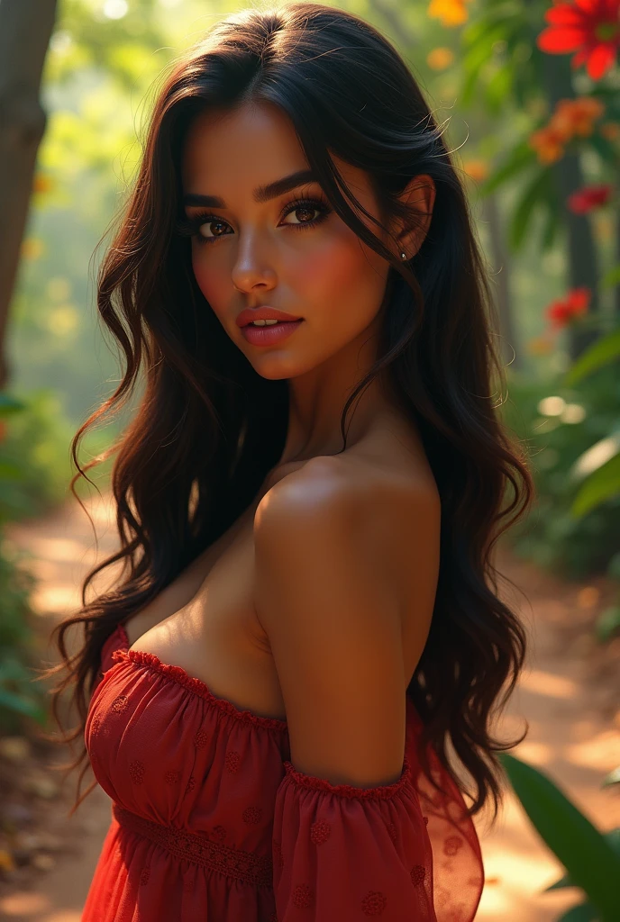 Very very very sexy girl, 1girl, solo, brunette hair, parted hair style, full body, wearing warm clothing, Detailed skin, Detailed Face, Detailed Lips, Detailed Eyes, detailed clothing, light make up, seductive smile, happy, textured skin, super detail lighting, rainforest background, tropical atmosphere, ((full body shot)), ((body focus)), a moon, flourishing plants, 