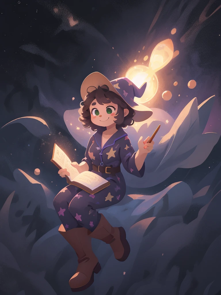 Mirabel madrigal, Busty, 1girl, black curly short hair, smile, green eyes, space, black Space Pajamas, wizard hat, floating, full body, brown boots, holding big brown book around her left arm, and a pencil in the other,