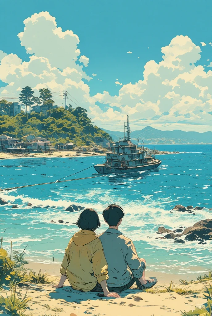  An anime scene of a girl and boy sitting shoulder to shoulder on a sandy beach、atey ghailan 8k、dy atey ghailan、Lofi Art、Colorful anime movie landscape,Lo-fi Girl、anime、 two men and women stand next to each other ,   like a movie screenshot  , looking from shoulder,  photo from behind,  movie screenshot , Full color still images,  Still image from behind ,  very close shot ,  Over-the-Shoulder Shot,,  medium shot taken from behind ,  The background is the ocean and a small island with lots of greenery , a boat crossing between their faces ,Everything but men and women are blurry 