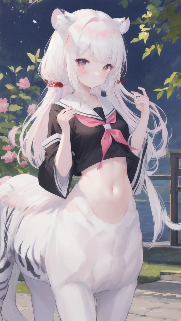 (masterpiece, best quality), 1girl, white hair, long hair, pink eyes, blossom, in hot springs, blossom, shirt, in the , naked, facing backwards, two horn, tatto yakuza,