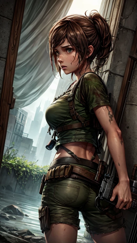 The last of us Ellie's hands are tied behind her back, her breasts are exposed, she is completely naked, only a piece of duct tape surrounds only her mouth, gagging her, her eyes are green. She's totally in bondage