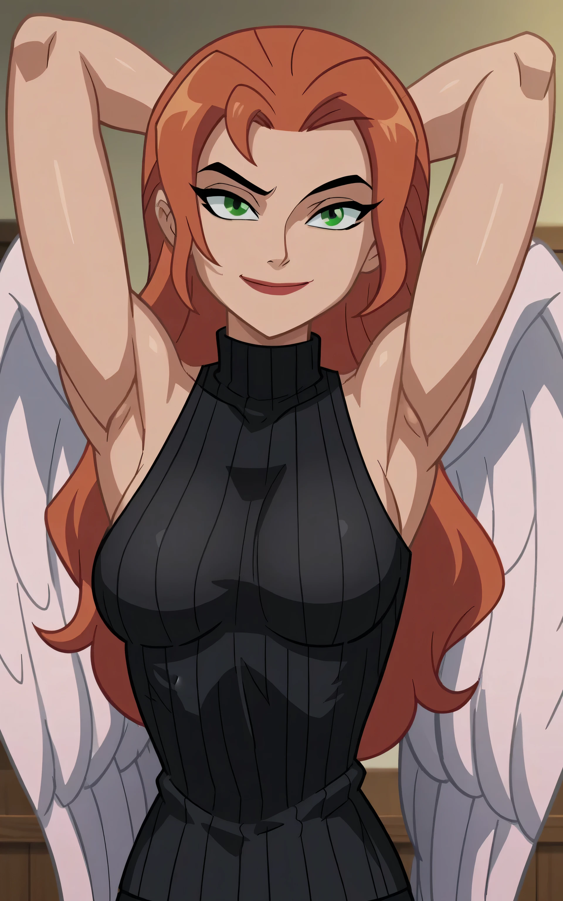 score_9, score_8_up, score_7_up, source_anime, anime screencap, 1girl, solo, shayera hol, angel wings, feathered wings, wings, long hair, green eyes, black sweater, sleeveless sweater, ribbed sweater, turtleneck, medium breasts, bare shoulders, bare arms, arms behind head, armpits, looking at viewer, head towards viewer, smile, closed mouth, badhandv4, indoors 