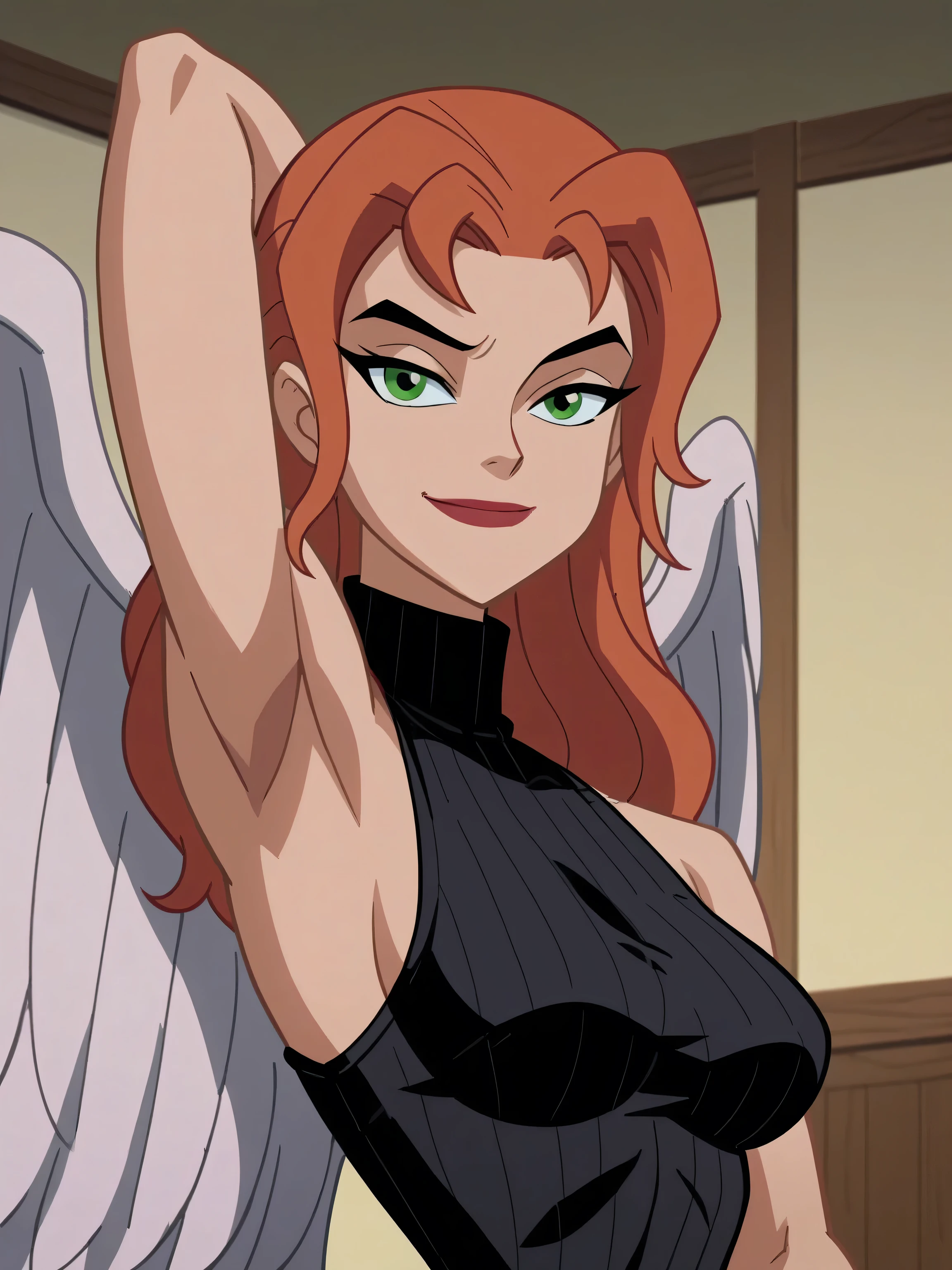 score_9, score_8_up, score_7_up, source_anime, anime screencap, 1girl, solo, shayera hol, angel wings, feathered wings, wings, long hair, green eyes, black sweater, sleeveless sweater, ribbed sweater, turtleneck, medium breasts, bare shoulders, bare arms, arm behind head, armpit, looking at viewer, head towards viewer, smile, closed mouth, badhandv4, indoors, from side, from below 