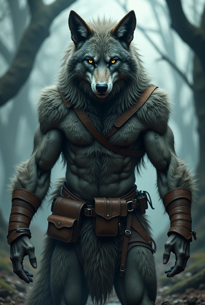 fking_scifi_v2, werecreature, werewolf wolf, large head, (green eyes), standing in a forest, toolbelt, 80mm, f/1.8 ,male,muscular