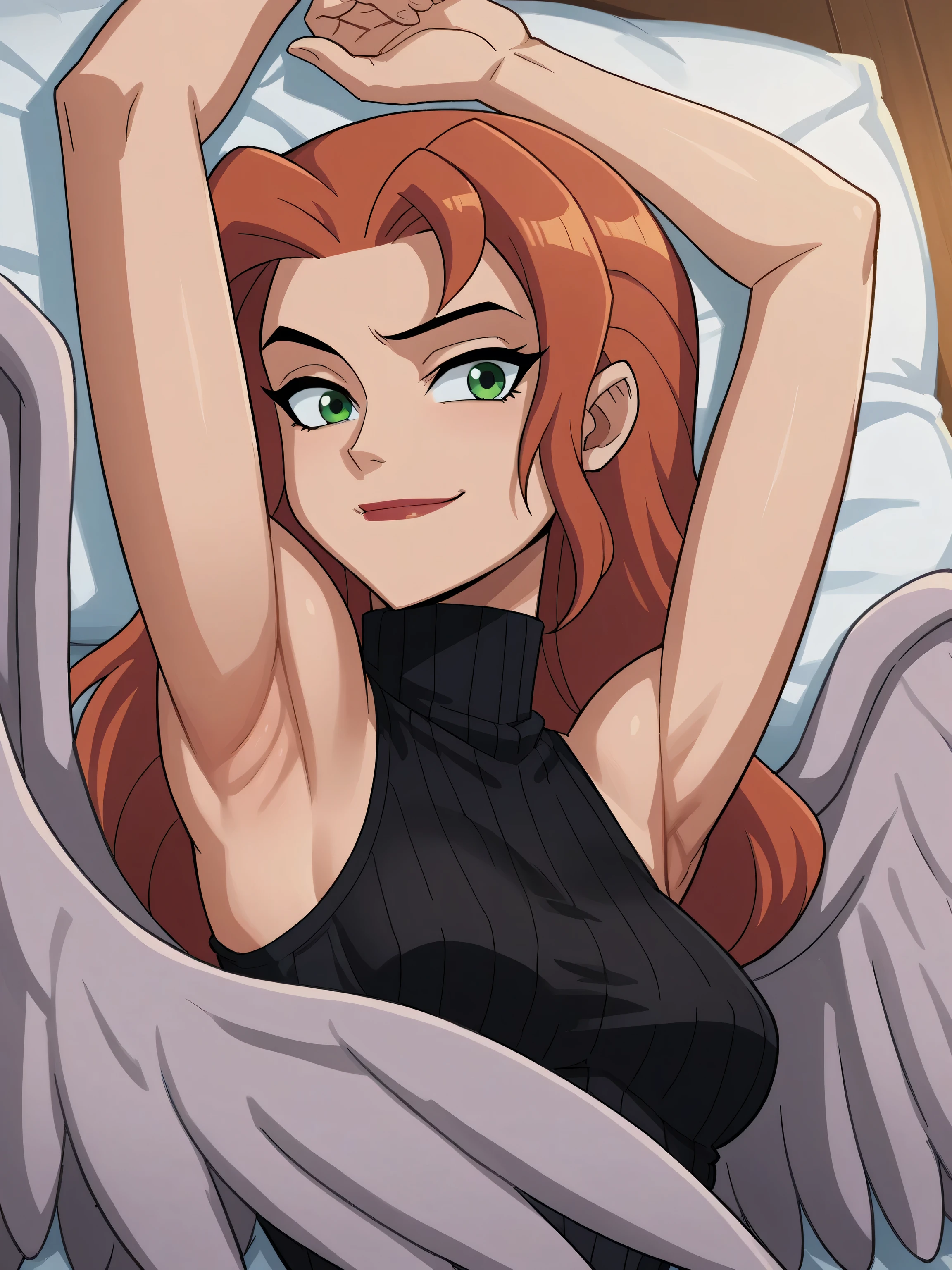 score_9, score_8_up, score_7_up, source_anime, anime screencap, 1girl, solo, shayera hol, angel wings, feathered wings, wings, long hair, green eyes, black sweater, sleeveless sweater, ribbed sweater, turtleneck, medium breasts, bare shoulders, bare arms, arm up, raised arm, armpit, looking at viewer, head towards viewer, smile, closed mouth, badhandv4, from side, lying in bed 