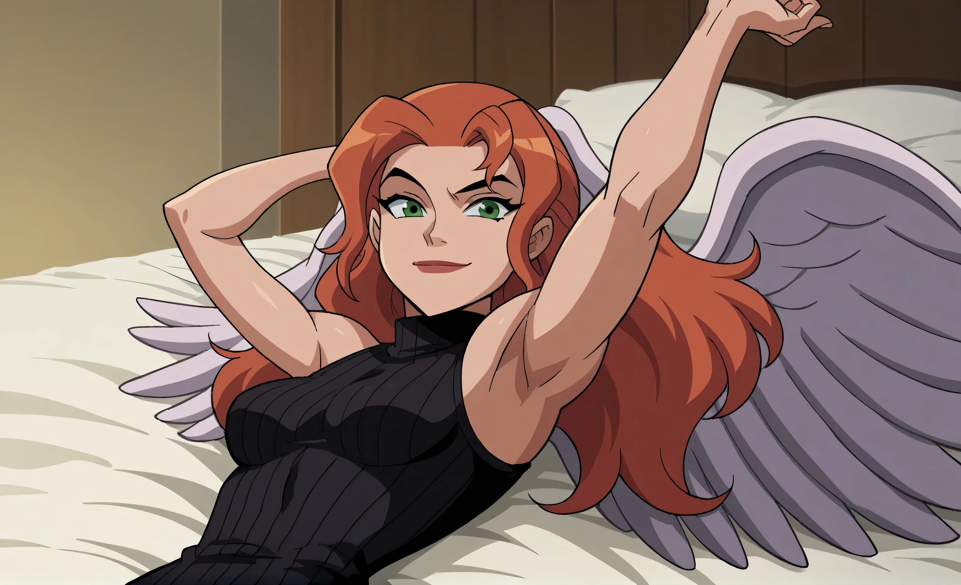 score_9, score_8_up, score_7_up, source_anime, anime screencap, 1girl, solo, shayera hol, angel wings, feathered wings, wings, long hair, green eyes, black sweater, sleeveless sweater, ribbed sweater, turtleneck, medium breasts, bare shoulders, bare arms, arm up, raised arm, armpit, looking at viewer, head towards viewer, smile, closed mouth, badhandv4, from side, lying in bed 