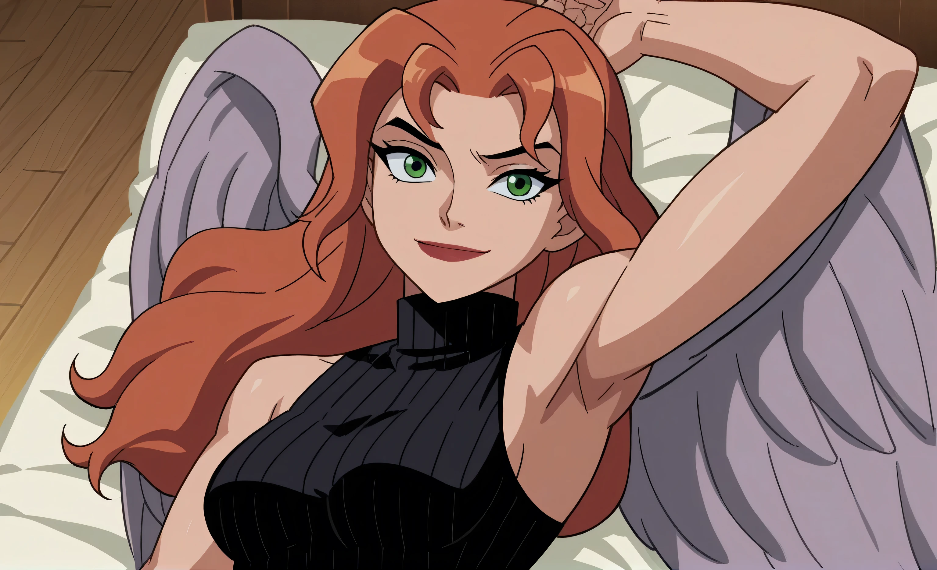 score_9, score_8_up, score_7_up, source_anime, anime screencap, 1girl, solo, shayera hol, angel wings, feathered wings, wings, long hair, green eyes, black sweater, sleeveless sweater, ribbed sweater, turtleneck, medium breasts, bare shoulders, bare arms, arm up, raised arm, armpit, looking at viewer, head towards viewer, smile, closed mouth, badhandv4, from side, lying in bed 