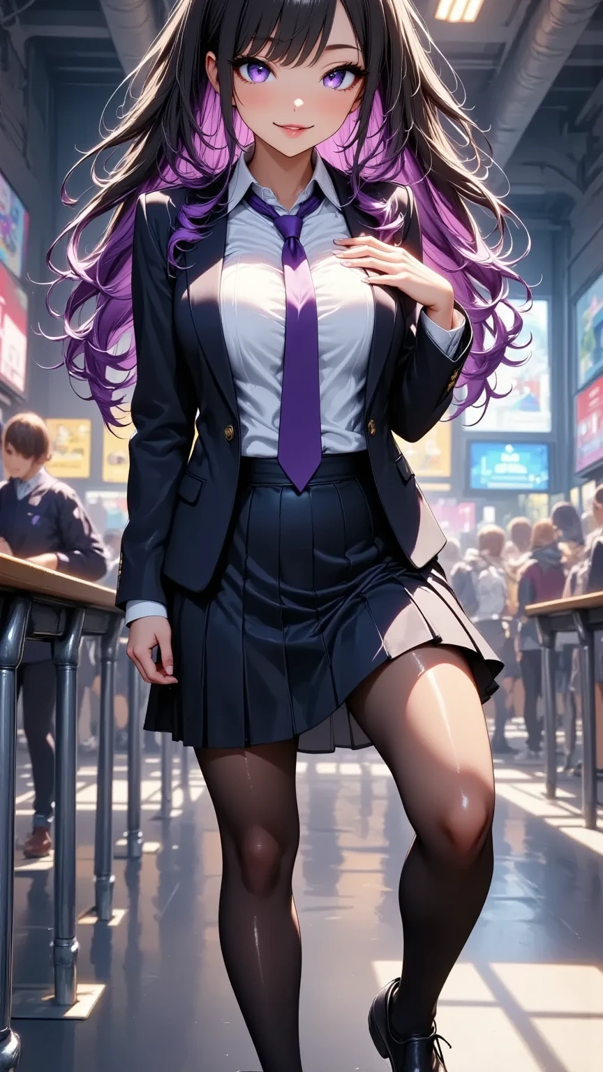 1girl, full body, solo, summer, village, trees, sun, clouds, ((colorful hair)), long hair, curly hair, ponytail, large breasts, ((black blazer)), button down shirt, ((white shirt)), ((short sleeved shirt)), ((unbuttoned shirt)), unbuttoning buttons, cleavage 1:3, brown eyes, skirt, smile, looking at the viewer, standing, hair ribbon, golden necklate
