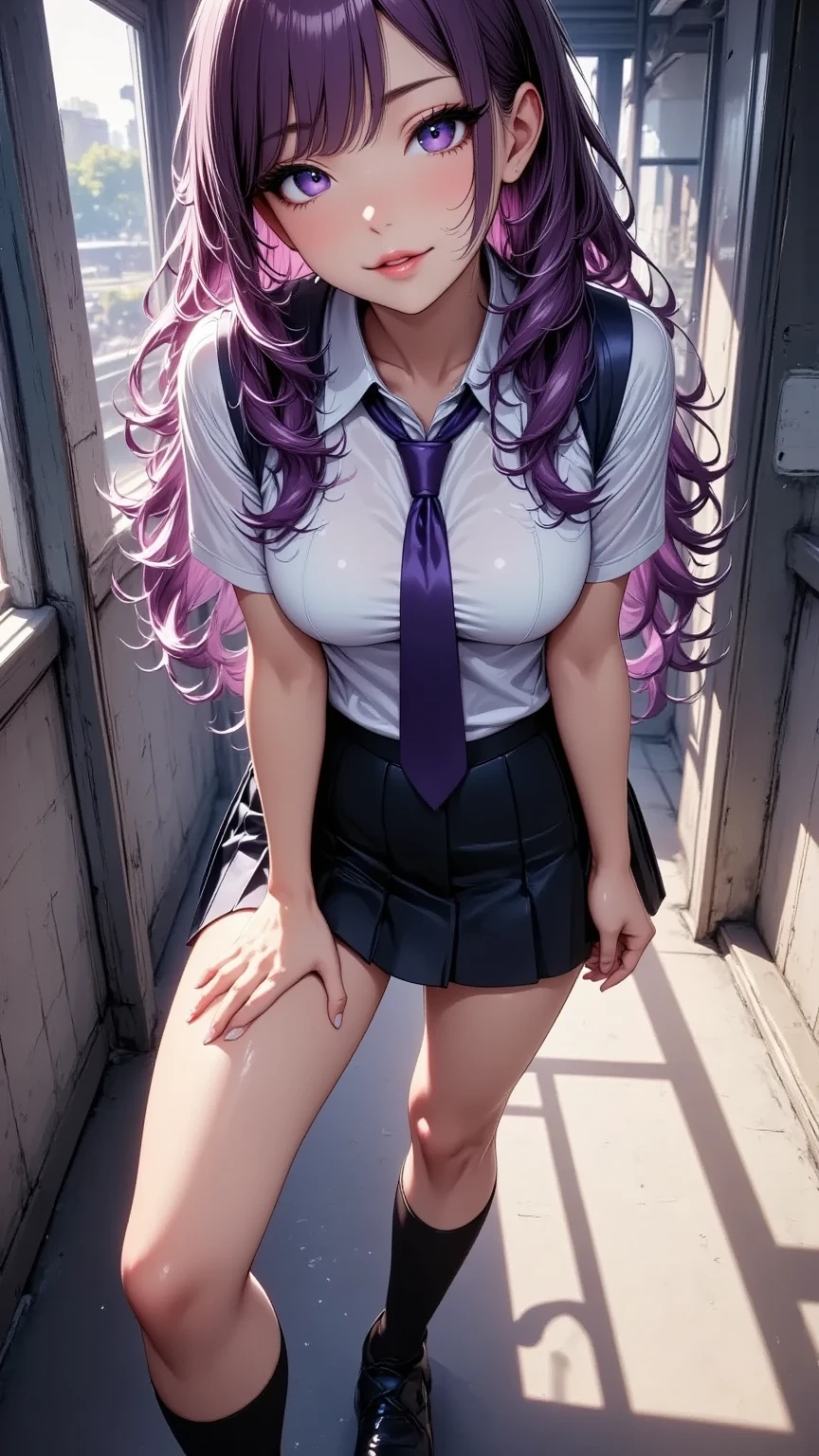 glasses、(((Panty shot)))、mini skirt、(((white tank top))、Beauty、purple hair long、((whole body))、(((photo taken from below)))、indoor