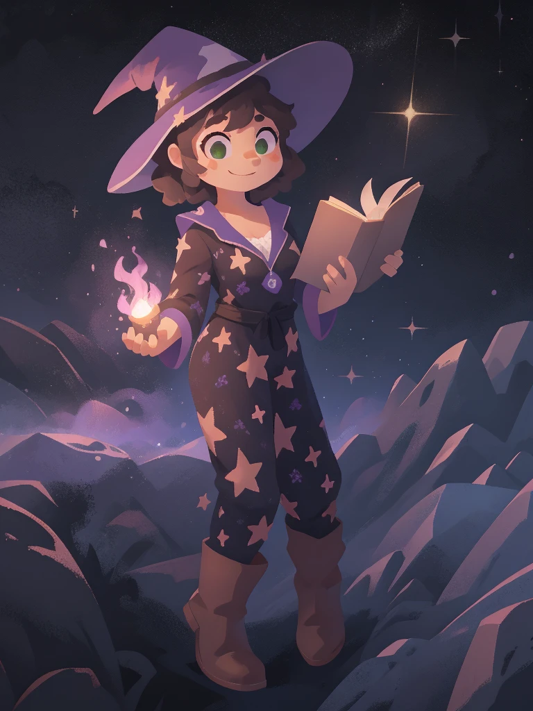 Mirabel madrigal, Busty, 1girl, black curly short hair, smile, green eyes, space, black Space Pajamas, wizard hat, floating, full body, brown boots, holding big brown book around her left arm, and purple fire appearing around her right hand, Solo, High Resolution, Anatomically Correct, Accurate, Best Quality, Award Winning, Detail, HD, High Quality, 