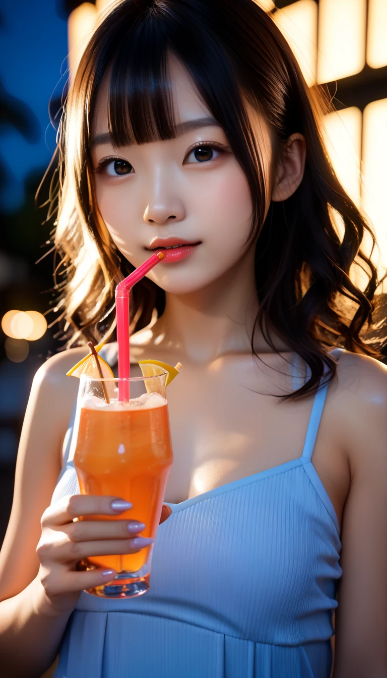 Beauty、Cute person、beautiful、Young face、Detailed face、Summer festival、Festivals、night、stall、Eating shaved ice、Has bangs、whole body

