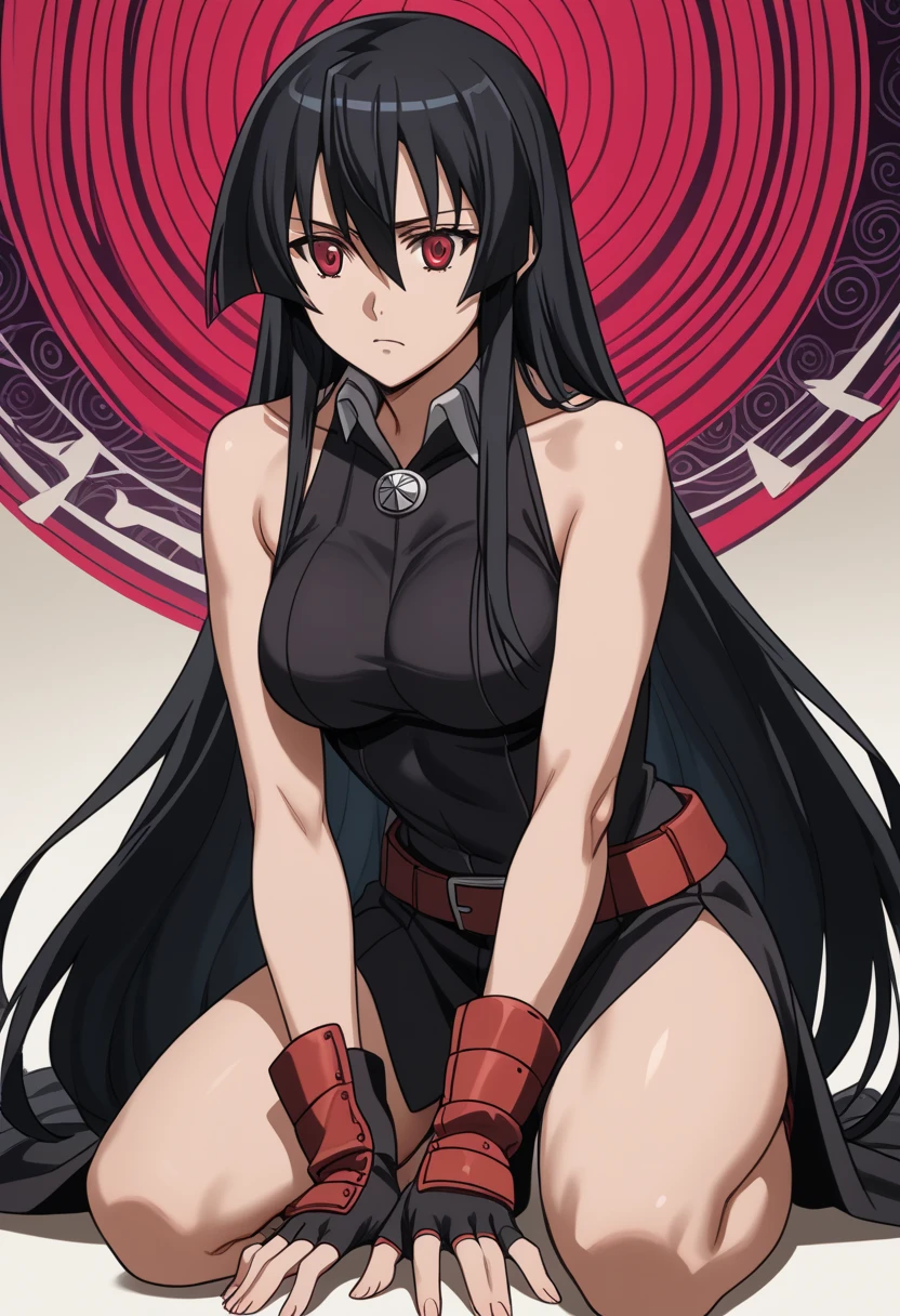 A girl
AGKakame  , Akame,   long hair,   black hair,   red eyes ,    hair between the eyes   ,
sexy student costume, fingerless gloves ,  thick thighs  ,  Feminino
outdoor  ,  perfect anatomy ,
Alone,  ( Bottom view)、(kneeling posture)、(psychedelic background)、 Big breasts , confrontation,