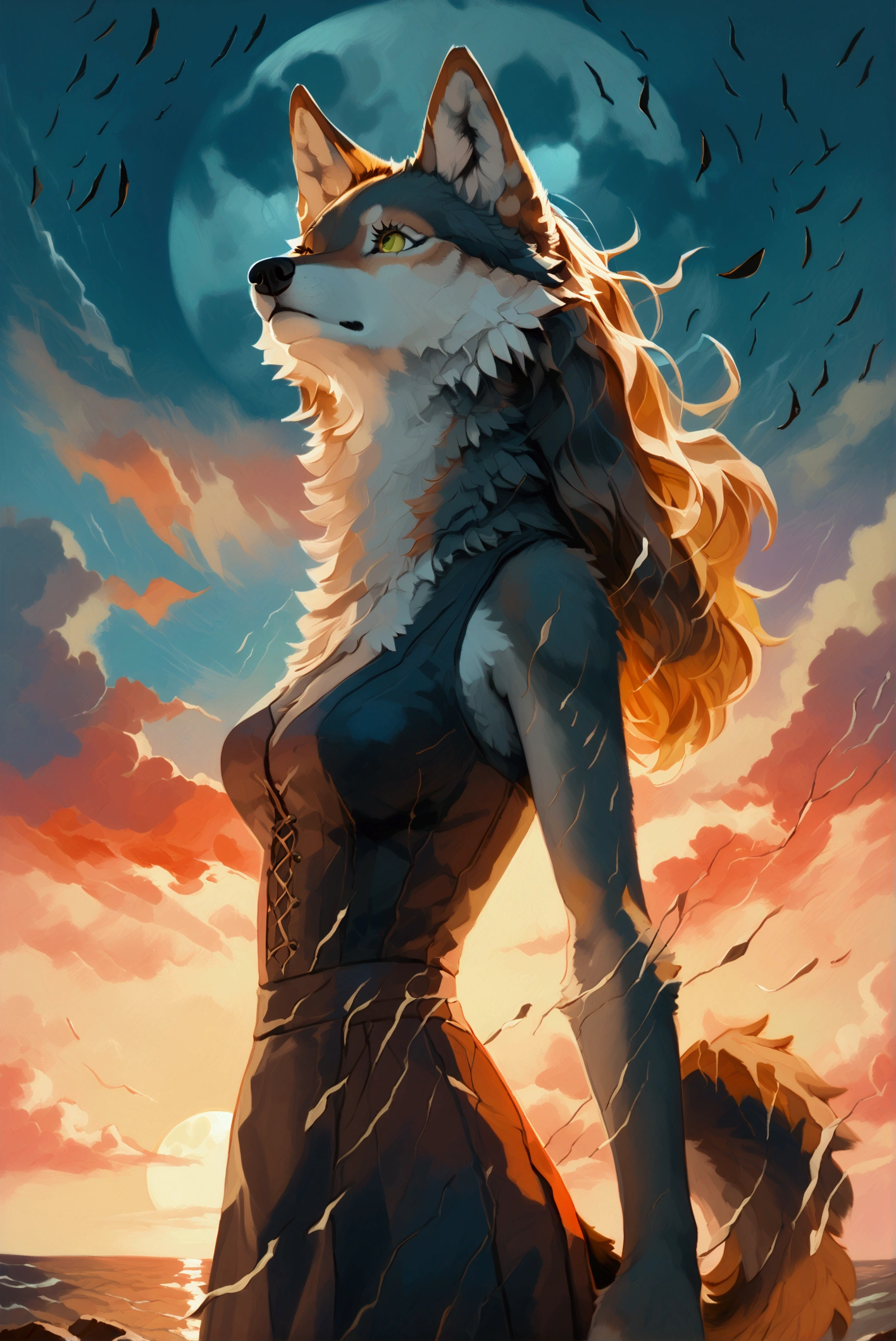 ((A wolf girl standing on a cliff's edge, howling at the full moon, framed in a dramatic close-up that emphasizes her fierce gaze and the wind tousling her fur)),Value,2D,CGI, dynamic angle, body language,gesture languages, colour psychology,anime facials expression, masterpiece, high-quality,perfect anatomy, photographic orientation,4k, 8k,SFW, safe for work, Overlap, Compression, Shadow, Dimensionality,foreshortened, scenery,modestly dressed,fully clothed,Facial affect,physiognomy,reflection on eye,shortened,randomised CHEST(CM)WAIST(CM)HIPS(CM),random Function call,full colour,Essence,quirky trait