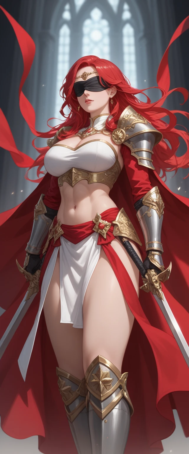 4k,High resolution,One Woman,Red Hair,long hair,Green Eyes,Big Breasts,Brave,White high leg leotard armor,Bite,White boots,White hat,Jewelry decoration,Long sword,Medieval village