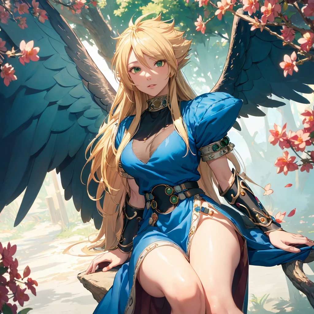 masterpiece, best quality, realistic lighting, 1girl, solo, Nima, (gold long hair), (black big feathered wings:1.3), (blue dress:1.3), sharp eyes, (vivid color), fantasy medieval coastal village, (depth of field:0.8), Dreamlike, (highres:1.2), (ultra-detailed:1.2), (extremely detailed CG unity 8k wallpaper:1.2), (traditional media), (sketch:1.1), finely detailed beautiful green eyes and detailed face, blonde hair, (flying petals:1.2), colorful, sitting legs cross pose, breath of fire 2, Nina, medium breasts, pale skin, (detailed eyes), cute, beauty, HDR, 4K, nier anime style, harmony, Nina, perfect anatomy, feminine hands, perfect legs